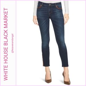 WHBM Dark Wash Skimmer Skinny Ankle Denim Jeans With Faux Leather Trim